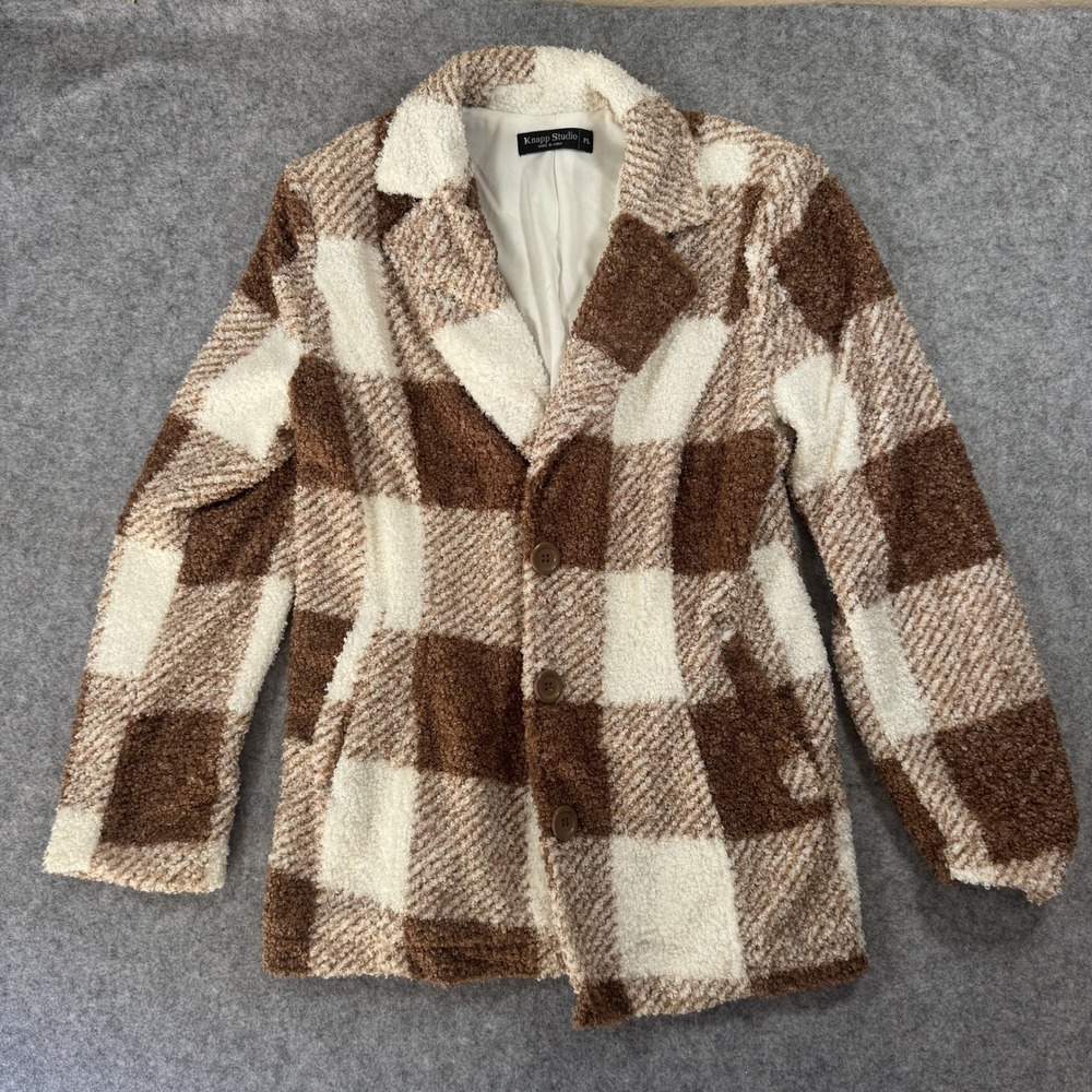 Knapp Studio Checkered Teddy Coat PL Brown Cream Sherpa Faux Fur Jacket